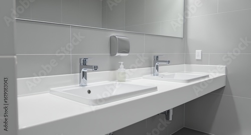 Modern Public Restroom with Double Sinks Chrome Faucets White Countertop and Gray Tiled Wall