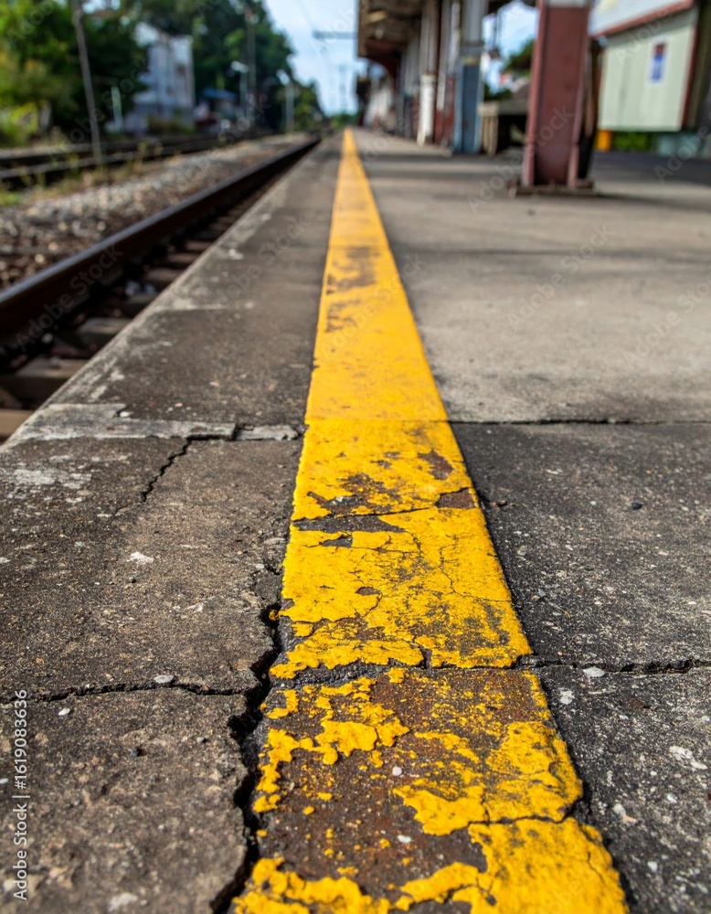 Obraz premium Bright Yellow Safety Line along Railroad Platform Edge at Railway Station on Sunny Day
