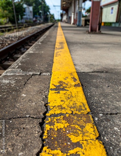 Wallpaper Mural Bright Yellow Safety Line along Railroad Platform Edge at Railway Station on Sunny Day Torontodigital.ca