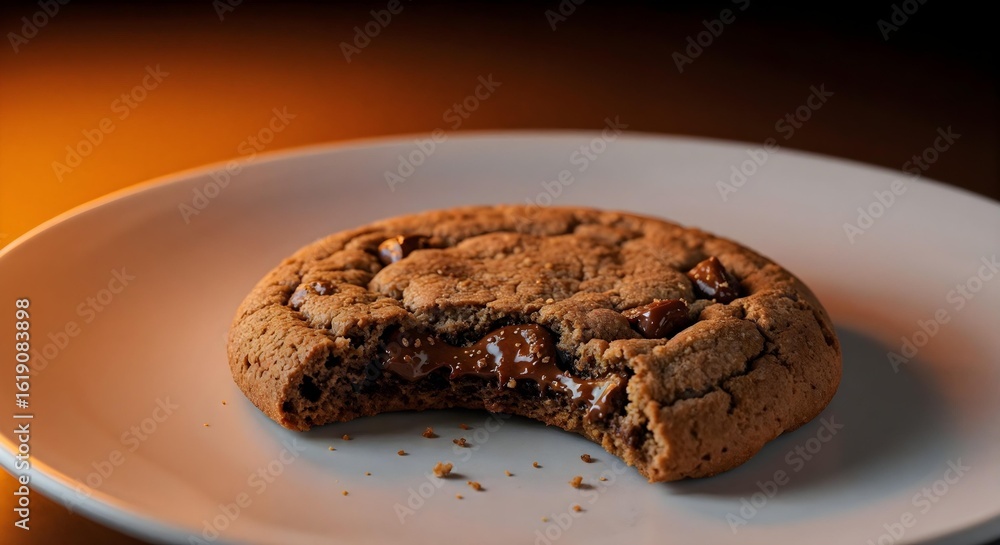 Fototapeta premium Bitten chocolate chip cookie on white plate with warm gradient