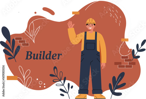Builder worker in safety helmet and overalls with construction tools and decorative plants vector illustration 