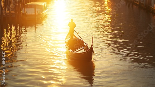 Gondolier Silhouetted Against Golden Sunset Water