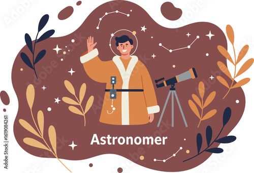 Astronomer with telescope exploring stars under night sky vector illustration in warm brown and orange colors 