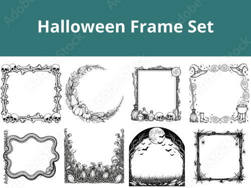 Halloween Frame Set. Hand-drawn black and white borders with spooky elements: spiderwebs, skulls, snakes, and pumpkins. For invitations, greeting cards, posters, packaging and DIY craft 