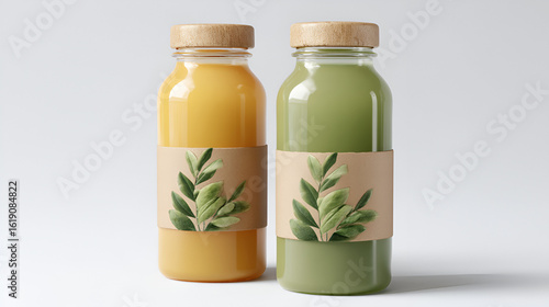 Bottled Juices: Freshly squeezed orange & green fruit juices in glass bottles, presented on a clean backdrop.