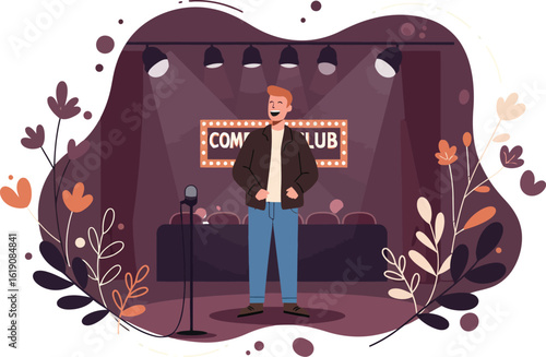 Standup comedian performing on comedy club stage with microphone and autumn decoration vector illustration 