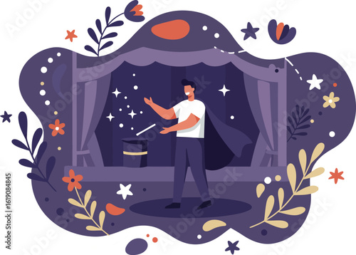 Man performing magic trick with stars and wand in whimsical night scene vector illustration 