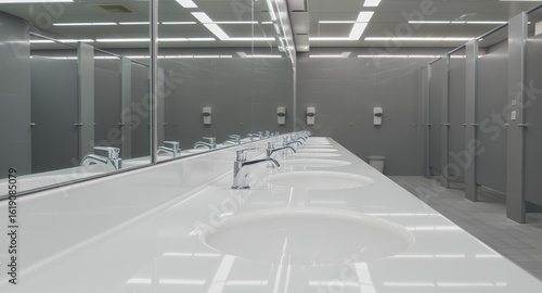 Modern Public Washroom Interior with Multiple Sinks and Bright Lighting Clean Commercial Bathr