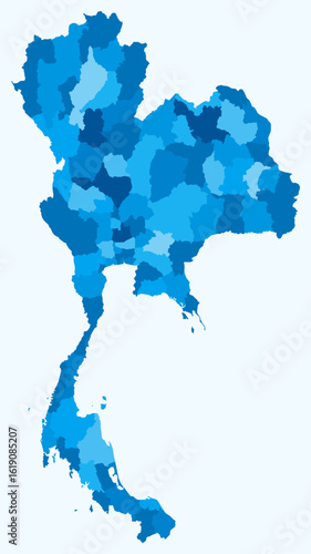 Map of Thailand with regions. Just a simple country border map with region division. Light blue color palette. Blank Thailand shape with administrative division. Vector illustration.