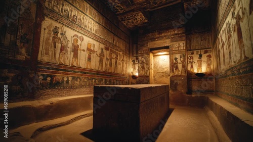 Cinematic shot of a richly painted tomb chamber with intricate wall art and an open stone sarcophagus