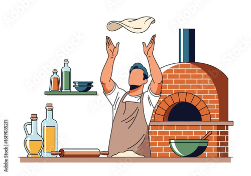 Flat illustration of a smiling pizza maker tossing dough in the air, with a brick oven, rolling pin, oil bottles, and mixing bowl nearby, ready to bake a fresh pizza