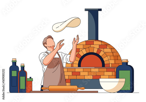 Flat illustration of a smiling pizza maker tossing dough in the air, with a brick oven, rolling pin, oil bottles, and mixing bowl nearby, ready to bake a fresh pizza
