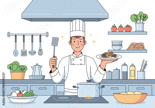Flat illustration of a smiling male chef in uniform holding a plate of delicious food and a spatula in a modern kitchen