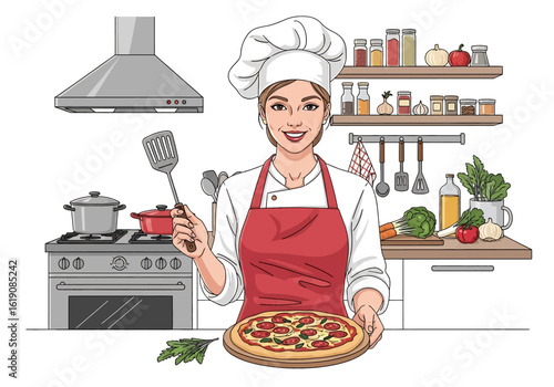 Flat illustration of a proud female chef holding a freshly baked pizza on a tray, standing in a restaurant kitchen with ingredients and utensils around her