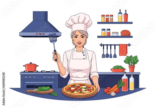 Flat illustration of a proud female chef holding a freshly baked pizza on a tray, standing in a restaurant kitchen with ingredients and utensils around her