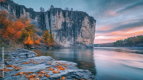 Autumn Sunset Over River And Majestic Cliff Face