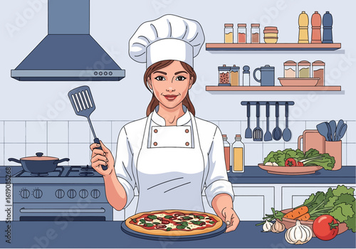Flat illustration of a proud female chef holding a freshly baked pizza on a tray, standing in a restaurant kitchen with ingredients and utensils around her