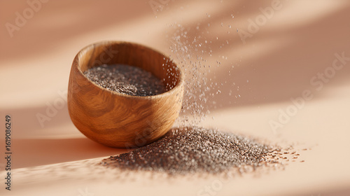 Chia seeds overflowing from wooden bowl on peach surface, with seeds in mid air. Healthy food backdrop.