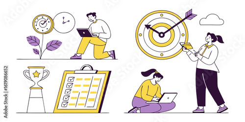 Business Success Illustrations: Goal Achievement & Time Management