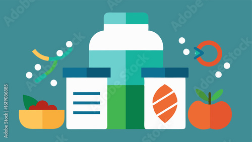 Customized Meal Prep An illustration of meal prep containers with labels for specific nutrients e.g. proteins vitamins next to a DNA strand.