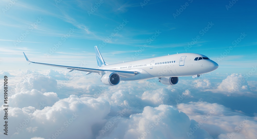 Obraz premium Airplane flying above clouds aerial view