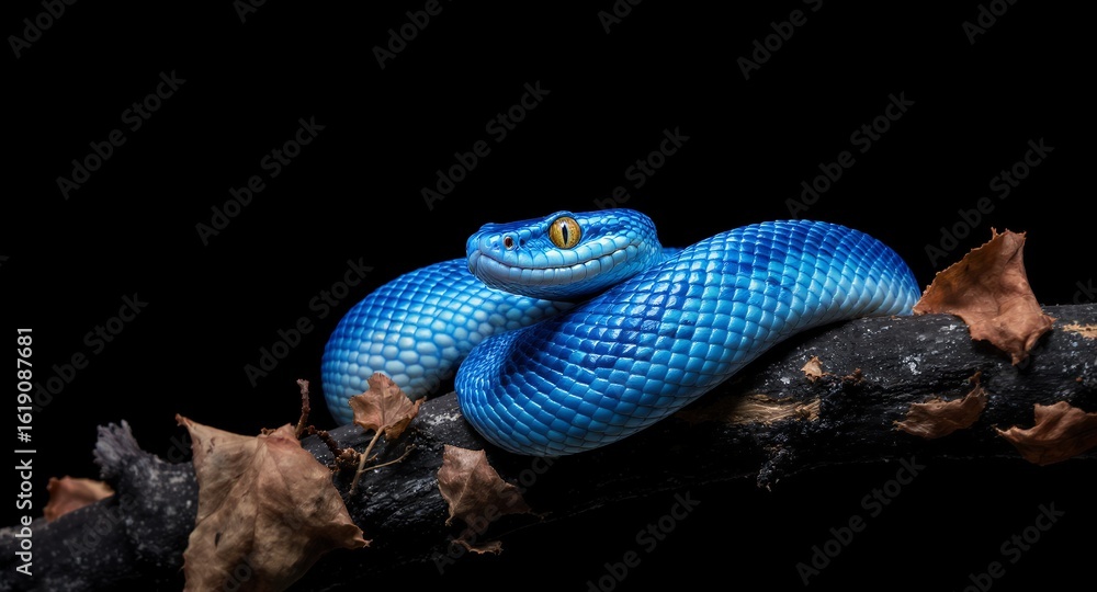 Fototapeta premium Vibrant Blue Viper on Branch Striking Nature Photography