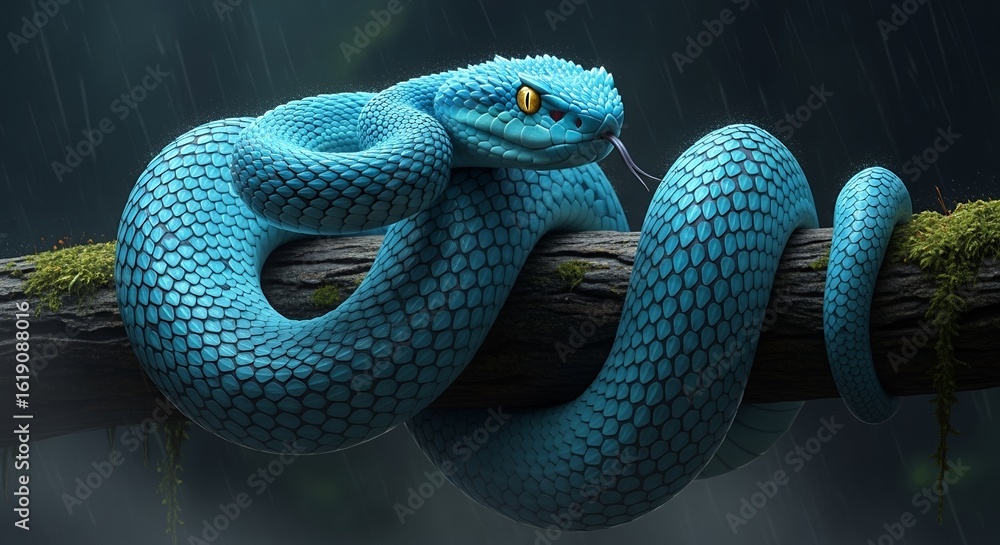 Fototapeta premium Stunning Blue Snake with Piercing Yellow Eyes Coiled on Branch in Rainy Jungle