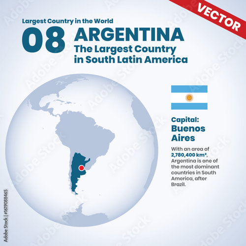 Vector Design of Argentina, the Largest Country in Southern Latin America with Capital Buenos Aires and Vast Territory in the Southern Hemisphere