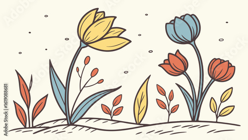 Colorful Tulips and Flowers in a Whimsical Garden Setting