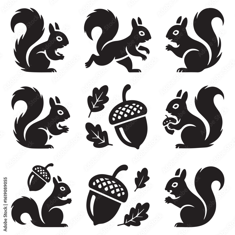 Obraz premium Collection of black and white squirrel and acorn illustrations isolated on white background, perfect for autumn, nature, and wildlifethemed designs and illustrations