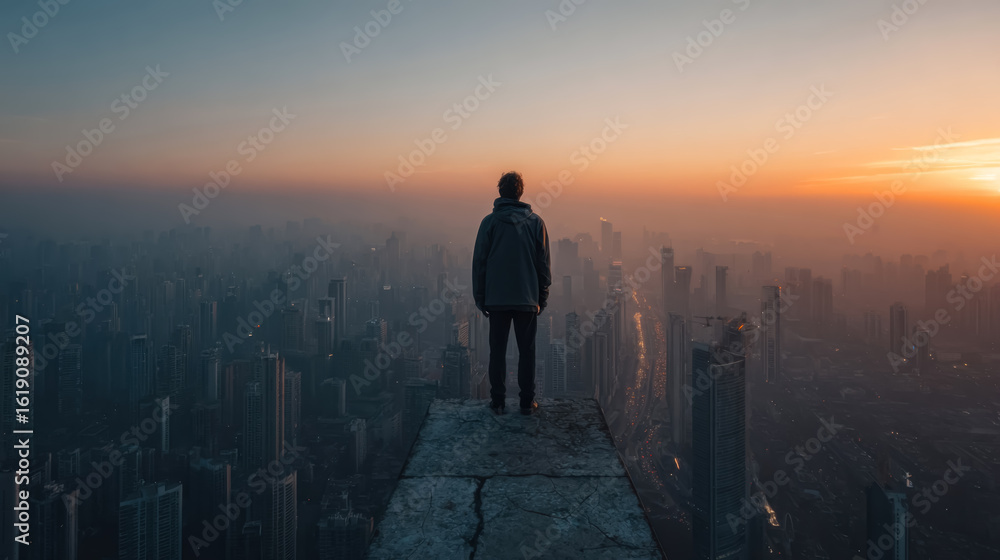 Fototapeta premium A person standing on the edge of a rooftop overlooking a hazy city at sunrise