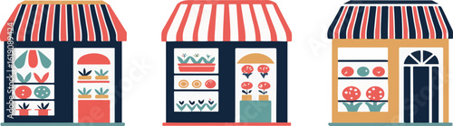 Three stylized shops with striped awnings and displays of plants and round objects store