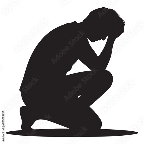 Silhouette of a sad man in despair isolated on white background, conveying feelings of depression, stress, anxiety, and mental health issues in a powerful visual representation