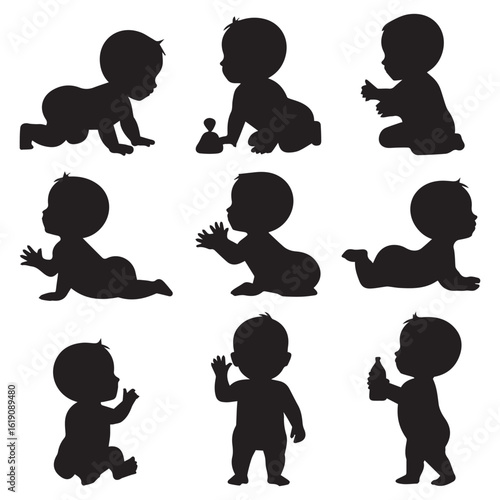 Silhouette collection of adorable babies in various poses isolated on white background, featuring crawling, sitting, and playing infants, perfect for illustrating childhood and early development