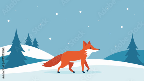 Curious Fox in a Snowy Landscape A curious fox is illustrated trotting through a serene snowy landscape. The ground is covered in soft white snow with a few sp pine trees in the