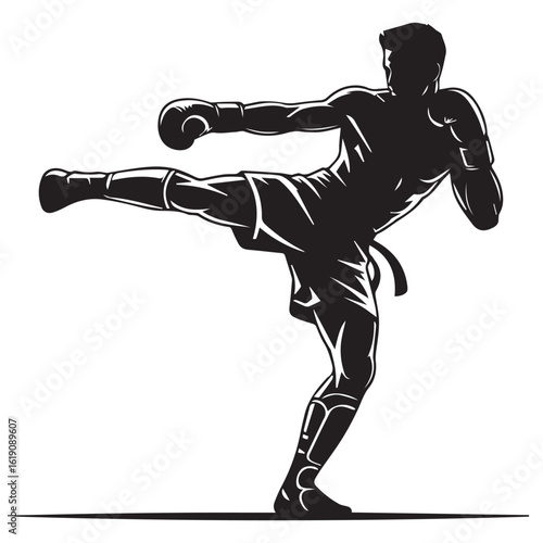 Silhouette of a kickboxer performing a kick, isolated on white background, showcasing martial arts, combat sports, and fitness, perfect for illustrating strength, power, and healthy lifestyle