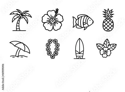 Tropical Island Symbols Outline Featuring Palm Tree Hibiscus Fish Pineapple Beach Umbrella Lei and Surfboard