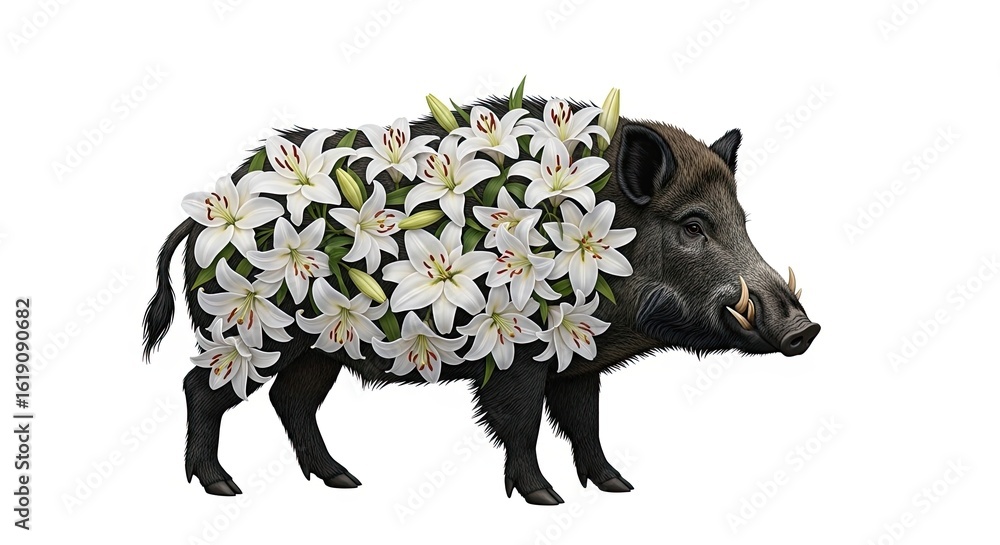 Fototapeta premium A black boar covered in white lilies standing on a white background in a digital illustration