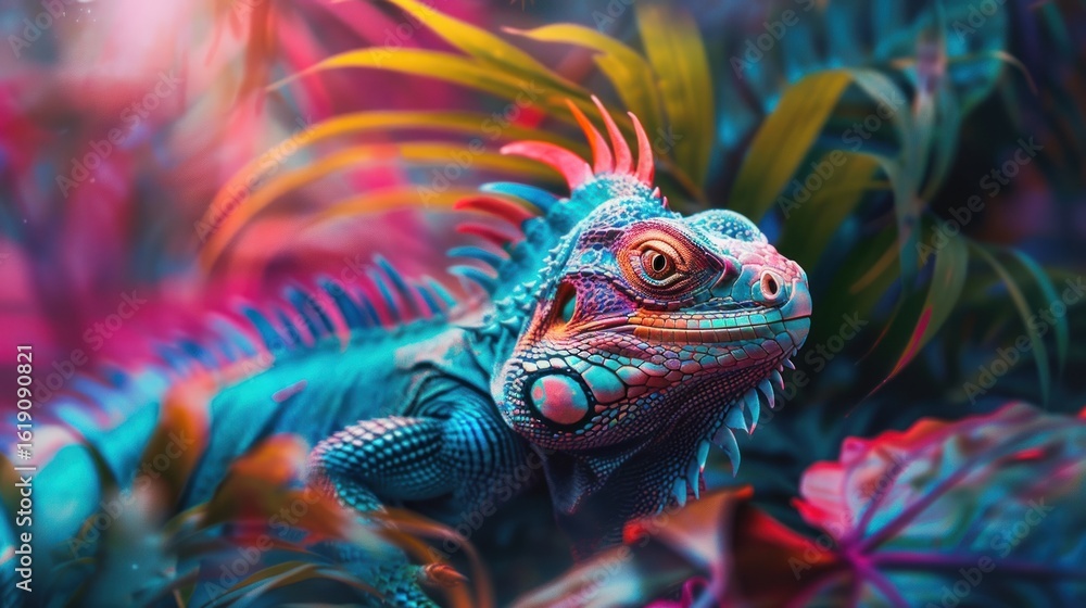 Obraz premium Colorful iguana in tropical botanical setting