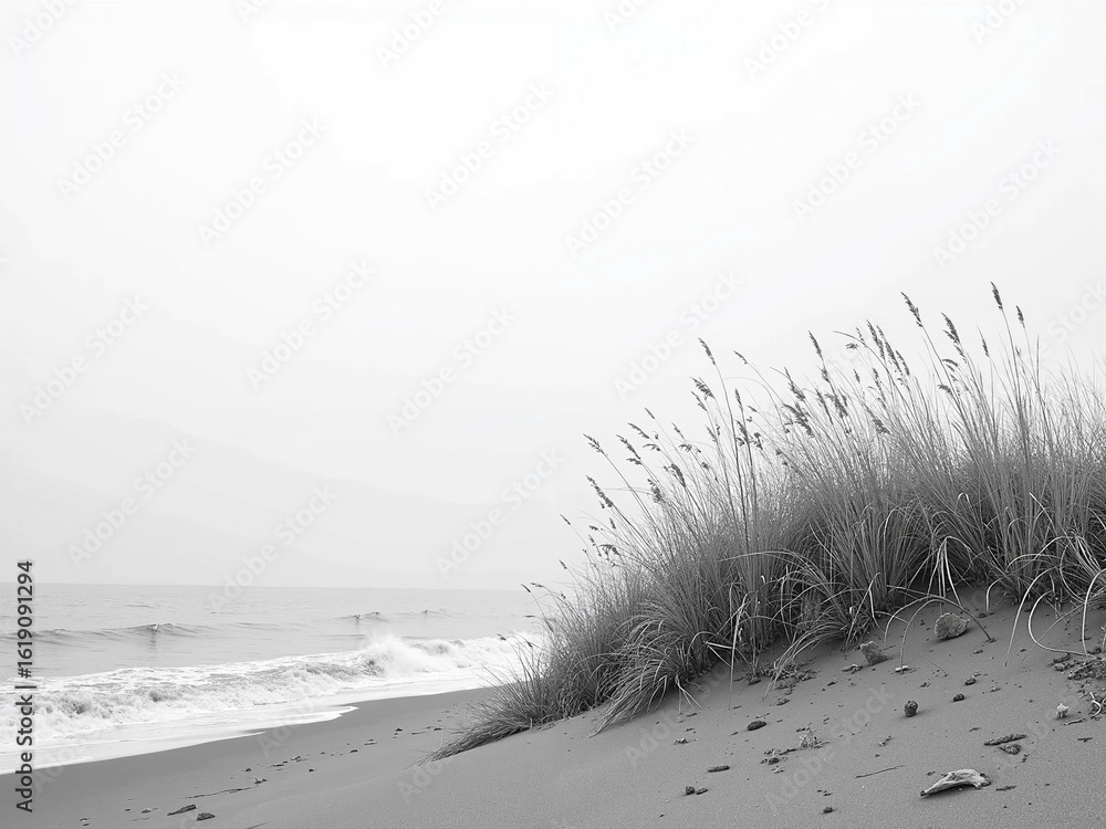 Obraz premium Tall dry grasses on the ocean shore and black-white