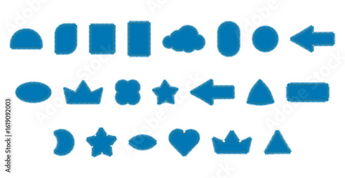 Set of Patches denim shape with stitches seam torn Frayed edges jeans label fashion illustration. Flat apparel blue color template isolated on white background