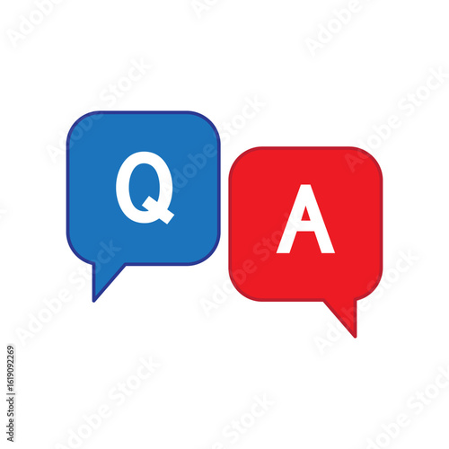 Question answer icon. Blue red bubbles. Speech communication symbol. Vector dialogue illustration.