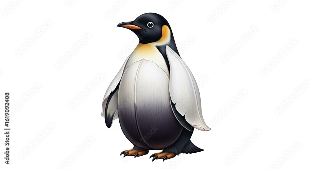 Fototapeta premium Illustration of a penguin with black head and white belly standing on a white background alone