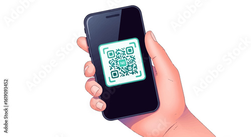 Hand holding a smartphone displaying a QR code on its screen against a white background.