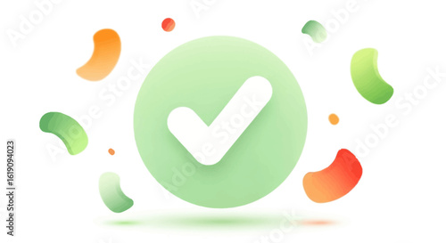 White checkmark icon on a green circle, surrounded by abstract shapes, floating against a white background, suggesting approval or confirmation.