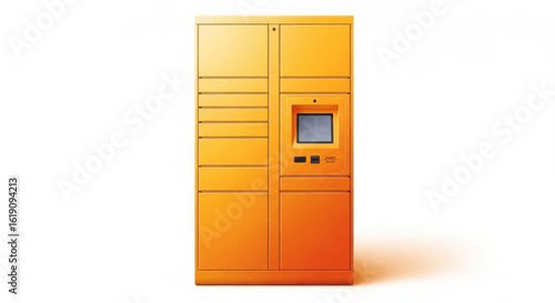 Orange automated parcel locker with a digital screen and multiple compartments against a white background.