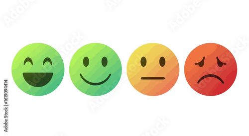 Four gradient-colored circular emoticons displaying different emotional states: joyful, happy, neutral, and sad, arranged in a row on a white background.