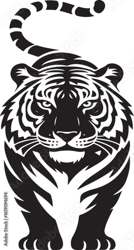 Bold black and white illustration of a majestic tiger stalking forward for a strong design