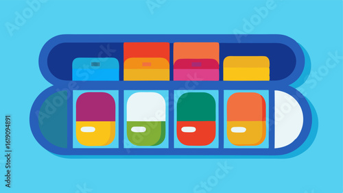 Daily Pill Organizer An open weekly pill organizer with colorful compartments filled with various supplements labeled for each day.