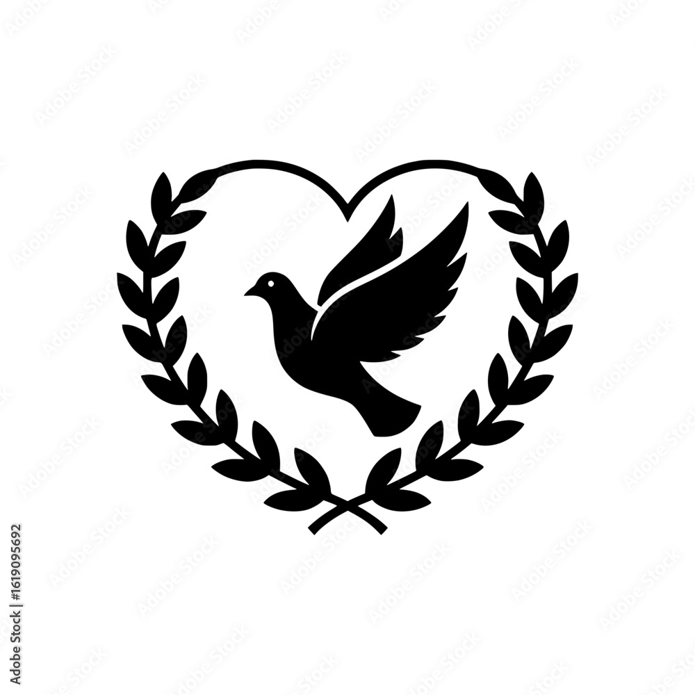 Fototapeta premium Solid black vector of a peace dove carrying an olive branch in its beak